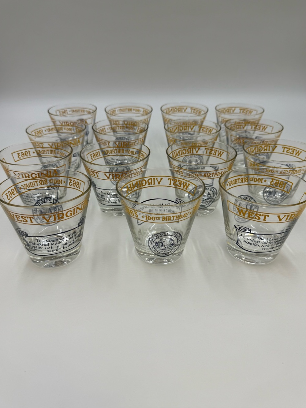 1963 West Virginia Centennial “100th Birthday” Vintage rocks glasses Set Of 15